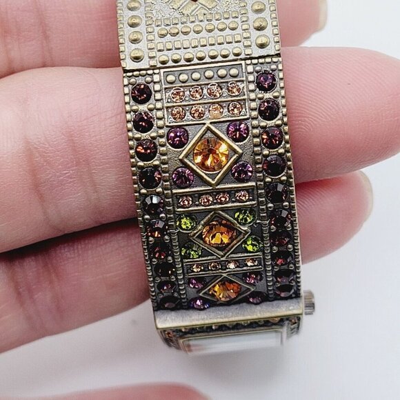 Heidi Daus Women's Double Trouble Cuff Wrist Watch Swarovski Crystals Brass Tone - Picture 5 of 9